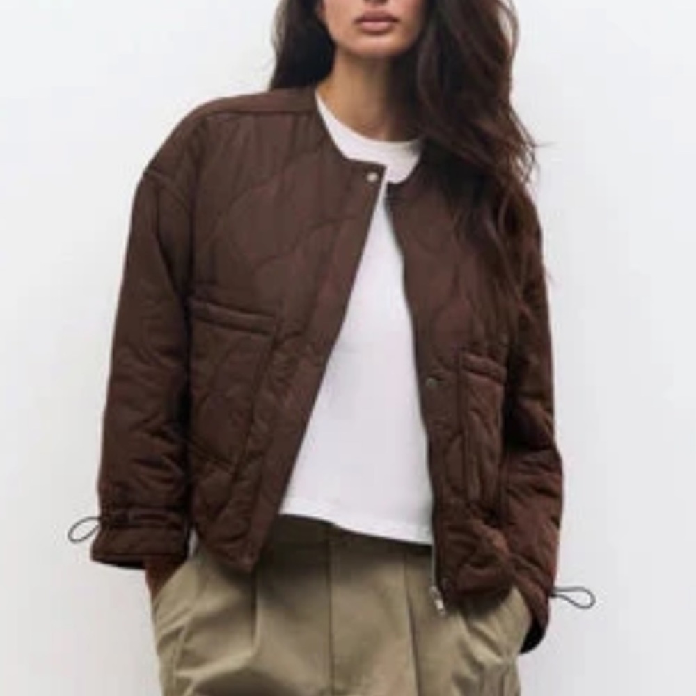 Mod ref NWT Kara quilted jacket in brown size s zip up cropped fit front pocket